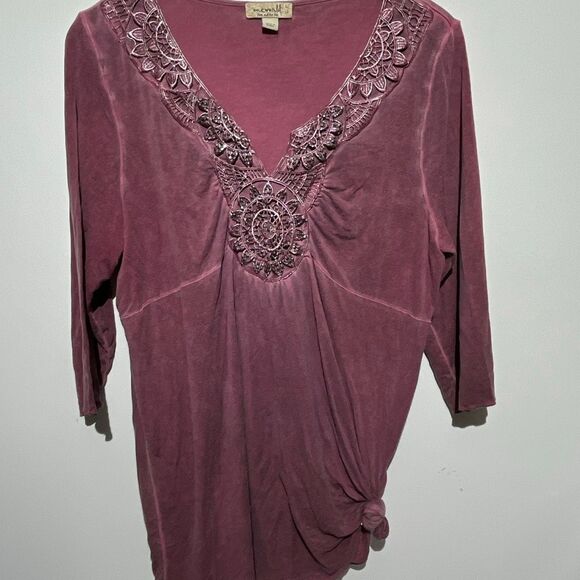 One World Women's Pink Studded Embroidered Floral 3/4 Sleeve Velour Blouse Large - Picture 1 of 10